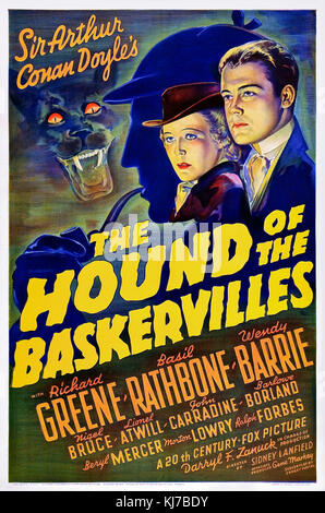 Der Hund der Baskervilles (1939) Regie: Sidney Lanfield und Hauptdarsteller Basil Rathbone, Nigel Bruce, Richard Greene, Wendy Barrie. Sherlock Holmes und Dr. Watson die Legende eines übernatürlichen Hound auf Dartmoor in diese Anpassung von Sir Arthur Conan Doyle's Roman untersuchen. Stockfoto