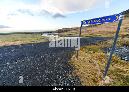 Fjadrargljufur Canyon im Südosten von Island, die bis zu 100 m tief und etwa 2 km lang, mit den fjadra River fließt. Es ist in der Nähe des Ring ist Stockfoto