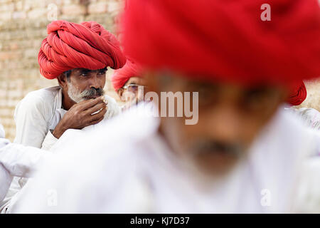 Elder Rabari Mann aus Landschaft trinken aus einem Becher auf Männer treffen, Rajasthan, Indien. Stockfoto