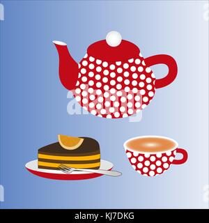 Haben Sie einen schönen Kaffee! Teekanne Tasse mit Kaffee und Kuchen isoliert Farbverlauf Hintergrund. Stock Vektor