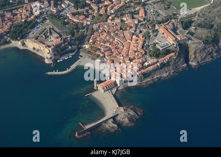 Collioure aus der Luft gesehen Stockfoto