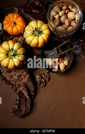 Kürbis und Nüsse, Herbstbild Stockfoto