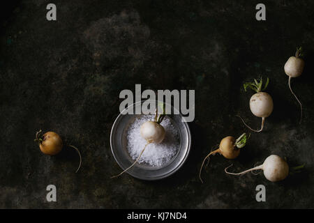 Ganze weiße frische organische Rettich in Metall Platte mit Meersalz über Dark Metal Textur Hintergrund. Ansicht von oben mit der Kopie. Vegetarische Konzept Stockfoto