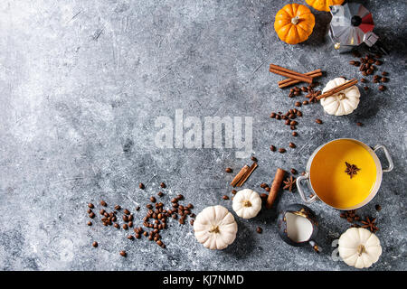 Zutaten für Cook würziger Kürbis latte. Kaffeekanne, Kürbis Milch in Pan, Kanne Creme mit Gewürzen, Kaffeebohnen und dekorative Kürbisse oben über gr Stockfoto