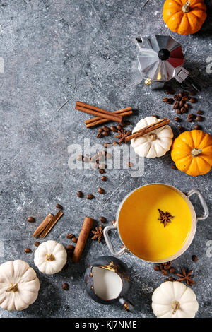 Zutaten für Cook würziger Kürbis latte. Kaffeekanne, Kürbis Milch in Pan, Kanne Creme mit Gewürzen, Kaffeebohnen und dekorative Kürbisse oben über gr Stockfoto