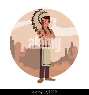 American indian Karikatur in Runde Ikone Stock Vektor