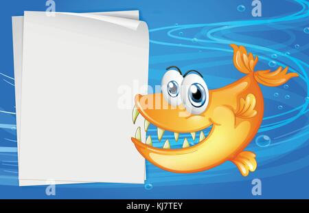 Abbildung: ein Fisch mit scharfen Zähnen neben einem leeren Papier unter dem Wasser Stock Vektor