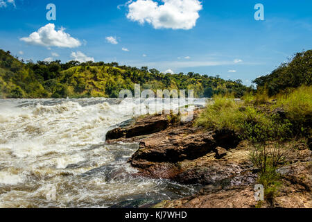 Die Macht der Murchison Falls, auch bekannt als Kabalega Falls, ist ein Wasserfall zwischen Kyoga und Lake Albert auf dem Weißen Nil in Uganda. Stockfoto