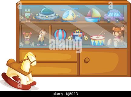 Abbildung: ein Pferd Spielzeug neben einem holzgehäuse auf weißem Hintergrund Stock Vektor