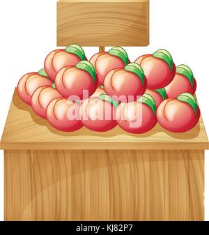 Abbildung: eine Frucht vor einem Holztisch mit einem hölzernen Schild auf weißem Hintergrund Stock Vektor