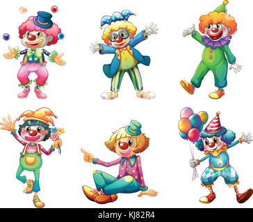 Abbildung: Die sechs verschiedenen clown kostüme auf weißem Hintergrund Stock Vektor