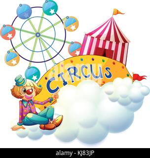 Abbildung: Ein weiblicher Clown neben dem Zirkus Namensschild auf weißem Hintergrund Stock Vektor
