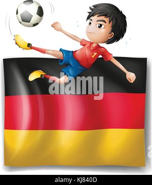 Abbildung: Ein Junge spielt Fußball vor der Flagge Deutschlands auf weißem Hintergrund Stock Vektor