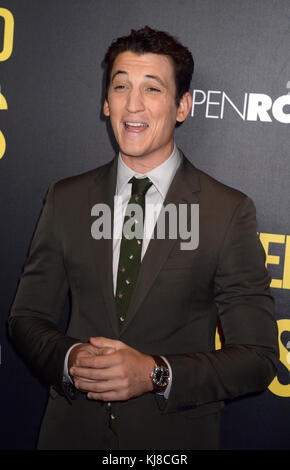 NEW YORK, NY - 14. NOVEMBER: Miles Teller besucht die Open Road mit Men's Fitness Host, die Premiere von „Bleed for This“ im AMC Lincoln Square Theater am 14. November 2016 in New York City. Leute: Miles Teller Stockfoto