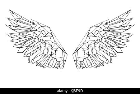 Künstlerische gezeichnet, schwarzen Umrissen, polygonal Flügeln auf einem weißen Hintergrund. polygonale Grafik. Kontur Flügeln. Stock Vektor