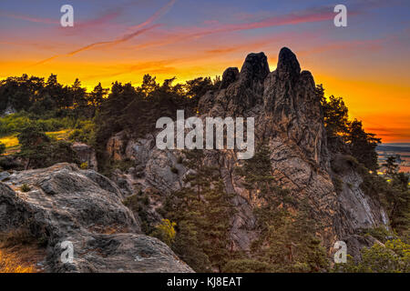 Teufelsmauer Blankenburg im Harz bei Sonnenuntergang Stockfoto