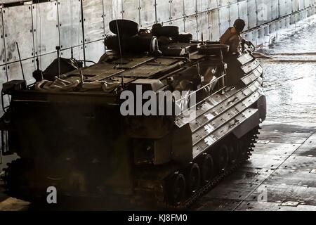 Ein US-Marine mit dem Angriff Amphibienfahrzeug (AAV) Platoon zum Fuchs Firma, Bataillon Landung Team, 2.BATAILLON, 6 Marine Regiment, 2 zugeordnet Stockfoto