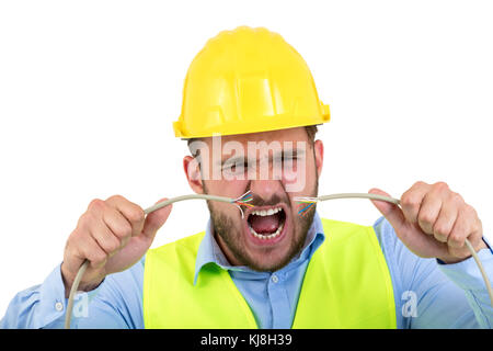 Portrait von crazy Elektriker auf weißem Hintergrund Stockfoto