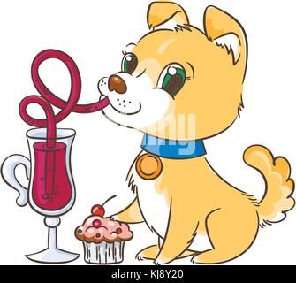 Goldenen Hund mit der Tasse Glühwein und Kuchen. Neues Jahr Symbol von 2018. Vector Illustration Stock Vektor
