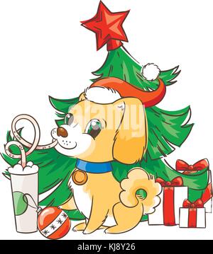 Goldenen hund Getränke Kaffee oder Milch Shake. Hand gezeichnet Vector Illustration für neue Jahr t-Shirts, Poster, Plakat, Postkarte Stock Vektor