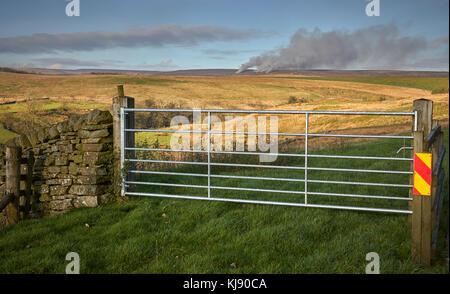 Heather brennen. Blick nach Norden in Richtung Westen nach Backstone Kante auf der Spur Führen weg von der B6265 zu Grimwith Behälter. North Yorks Yorkshire Dales Stockfoto