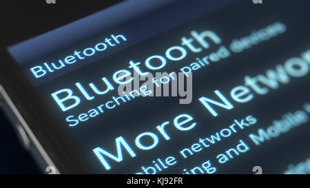Eine wunderbare 3d Illustration eines smart phone mit glänzenden Inschrift Bluetooth mehr Netzwerke Symbol. Der Bildschirm eines Telefons ist aslant in der blac platziert Stockfoto