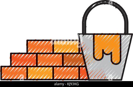 Bau wand Ziegel und Eimer Farbe Farbe Stock Vektor