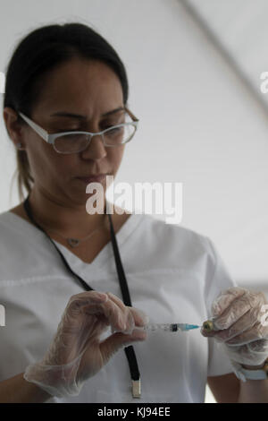 SAN JUAN, Puerto Rico - eine lokale Krankenschwester zeichnet Impfstoff, der aus einer Durchstechflasche mit einer jährlichen Gesundheit Klinik in Bayamon, Puerto Rico Nov. 14, 2017. Während der Veranstaltung, FEMA Spezialisten waren an Hand, um Nahrung und Wasser sowie in der Unterstützung der örtlichen Bewohner Datei oder auf Disaster survivor Hilfe Ansprüche prüfen. (US Army Foto von SPC. Samuel D. Keenan) Stockfoto