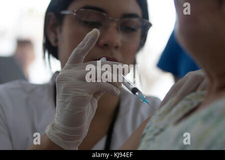 SAN JUAN, Puerto Rico - Stephanie Gascot, einer lokalen Krankenschwester, verwaltet ein Impfstoff während einer jährlichen Gesundheit Klinik in Bayamon, Puerto Rico Nov. 14, 2017. Während der Veranstaltung, FEMA Spezialisten waren an Hand, um Nahrung und Wasser sowie in der Unterstützung der örtlichen Bewohner Datei oder auf Disaster survivor Hilfe Ansprüche prüfen. (US Army Foto von SPC. Samuel D. Keenan) Stockfoto
