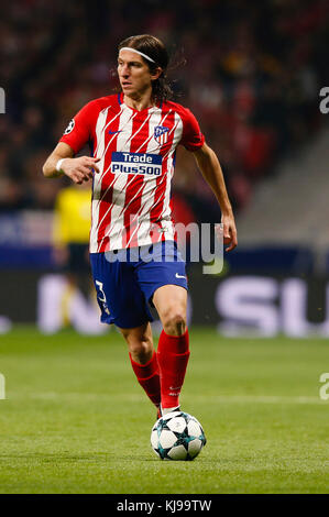 Madrid, Spanien. 22. November 2017. Filipe Luis Kasmirski (3) Atletico de Madrid player. UCL Champions League zwischen Atletico de Madrid gegen Roma am Wanda Metropolitano Stadion in Madrid, Spanien, 22. November 2017. Credit: Gtres Información más Comuniación auf Linie, S.L./Alamy leben Nachrichten Stockfoto