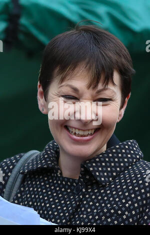 Westminster. London, Großbritannien. November 2017. Caroline Lucas, Parteivorsitzende der Grünen Partei von England und Wales auf College Green, Westminster nach dem Schatzkanzler Philip Hammond hat den Haushalt festgelegt. Kredit: Dinendra Haria/Alamy Live News Stockfoto