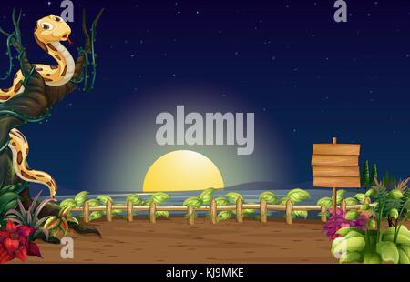 Abbildung: eine Schlange im Baum mit einem hölzernen Schild Stock Vektor