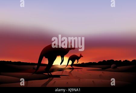 Abbildung: ein grosses und ein kleines Känguru in der Wüste Stock Vektor
