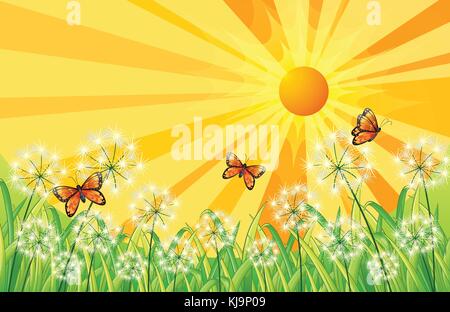 Abbildung: ein Sonnenuntergang Landschaft mit Schmetterlingen Stock Vektor