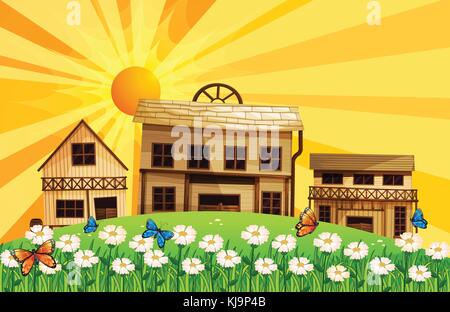 Abbildung: den Sonnenuntergang und die Häuser mit verschiedenen Designs Stock Vektor