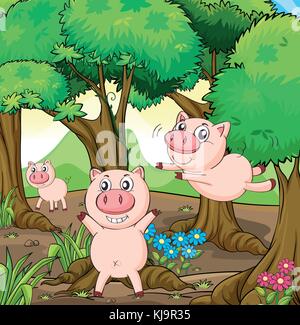 Abbildung: Die drei Schweine spielen im Wald Stock Vektor