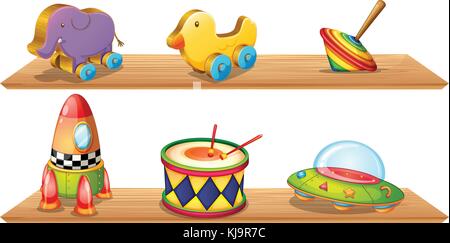 Abbildung von zwei Fachböden aus Holz mit verschiedenen Objekten auf weißem Hintergrund Stock Vektor