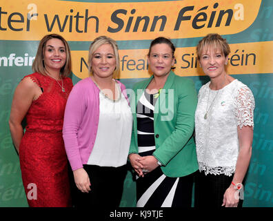 Sinn Féin Politiker ekisha mccallion mp, Michelle o'Neill mla, Mary Lou MCDONALD td und Martina anderson Mdep an Sinn Féin Ereignis im londonder Stockfoto