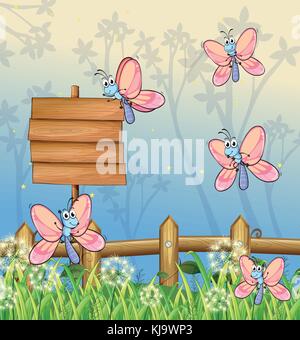 Abbildung: fünf Schmetterlinge in der Nähe von einem leeren Brett Stock Vektor