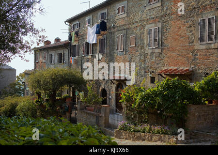 Vorgärten, Piazza Pescaia, Cortona, Toskana, Italien: Inländische cottage Außenbereich in dieser versteckten Ecke der oberen Stadt Stockfoto