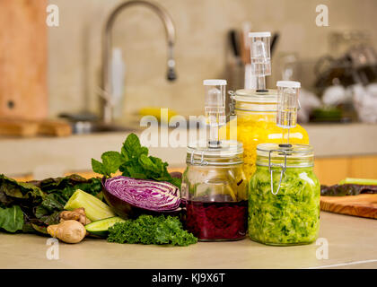 Vorbereitung fermentiertes Gemüse. Gläser von Kohl Kimchi und Sauerkraut Sauerkraut. Stockfoto