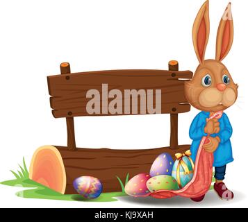Abbildung: ein Hase in der Nähe von einem hölzernen Schild mit Eiern auf weißem Hintergrund Stock Vektor
