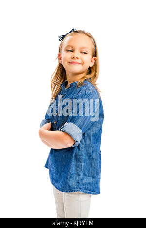 Studio-Porträt von einem netten blonden Mädchen in weißen Hintergrund isoliert Stockfoto