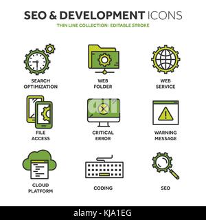 Seo und Entwicklung von Apps. Search Engineoptimierung. Internet, e-commerce. dünne Linie blau Web Icon Set. Überblick icons Collection. Vector Illustration. Stock Vektor