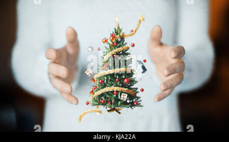 Weihnachtsbaum in Händen, winter Konzept Stockfoto