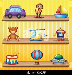 Illustration der verschiedenen Spielzeuge, die an den Holzregalen angeordnet sind Stock Vektor