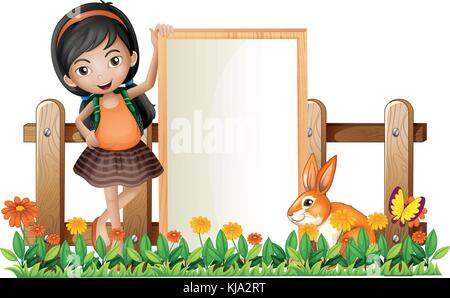 Abbildung: ein Mädchen stand neben einem leeren Rahmen mit einem Bunny auf weißem Hintergrund Stock Vektor