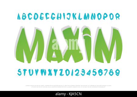 Der stilisierte Alphabet Buchstaben und Zahlen. Vektor, Cartoon Stil Schriftart. Kids, Bunte Schrift Design. Comics oder Animation dekorative typesett Stock Vektor