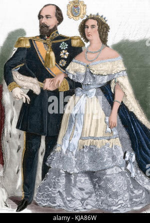 Wilhelm III. (1817-1890). König der Niederlande und Großherzog von Luxemburg (1849-1890) mit seiner Frau Sophie von Württemberg (1818-1877). Hochformat. Gravur, 1862. Farbig. Stockfoto