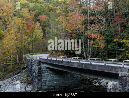 Little River Gorge Road ist ein Abschnitt der Autobahn, die Winde in der Regel Ost und West im Great Smoky Mountain National Park. Das östliche Ende ist der so genannte cades Straße oder Laurel Creek Road Bucht und erstreckt sich von Cades Cove zum Highway 337 kommt von Townsend, Tennessee. Dann wird Little River Gorge Road und folgt der kleine Fluss, der durch den Park mit zahlreichen Faltblätter und einen schönen Blick auf den kleinen Fluss. bei elkmont Straße, ändert sich der Name wieder zu Kämpfen creek Gap Road, und klettert über einen Kamm durch den Park, bevor es hinunter nach unten und treffen uns 441 Am suga Stockfoto